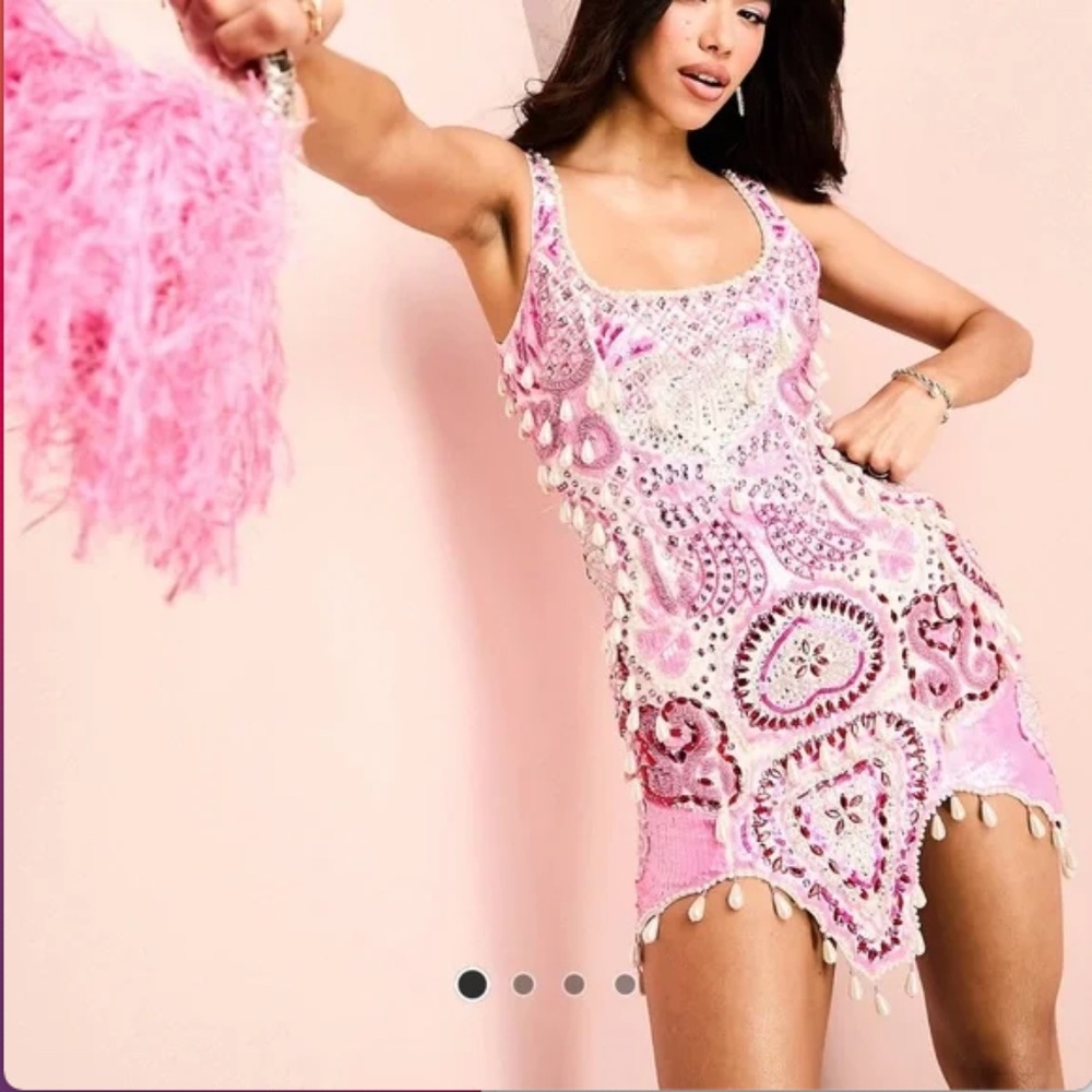 ISO ASOS LUXE gem encrusted mini dress pearl embellished & scallop hem in pink